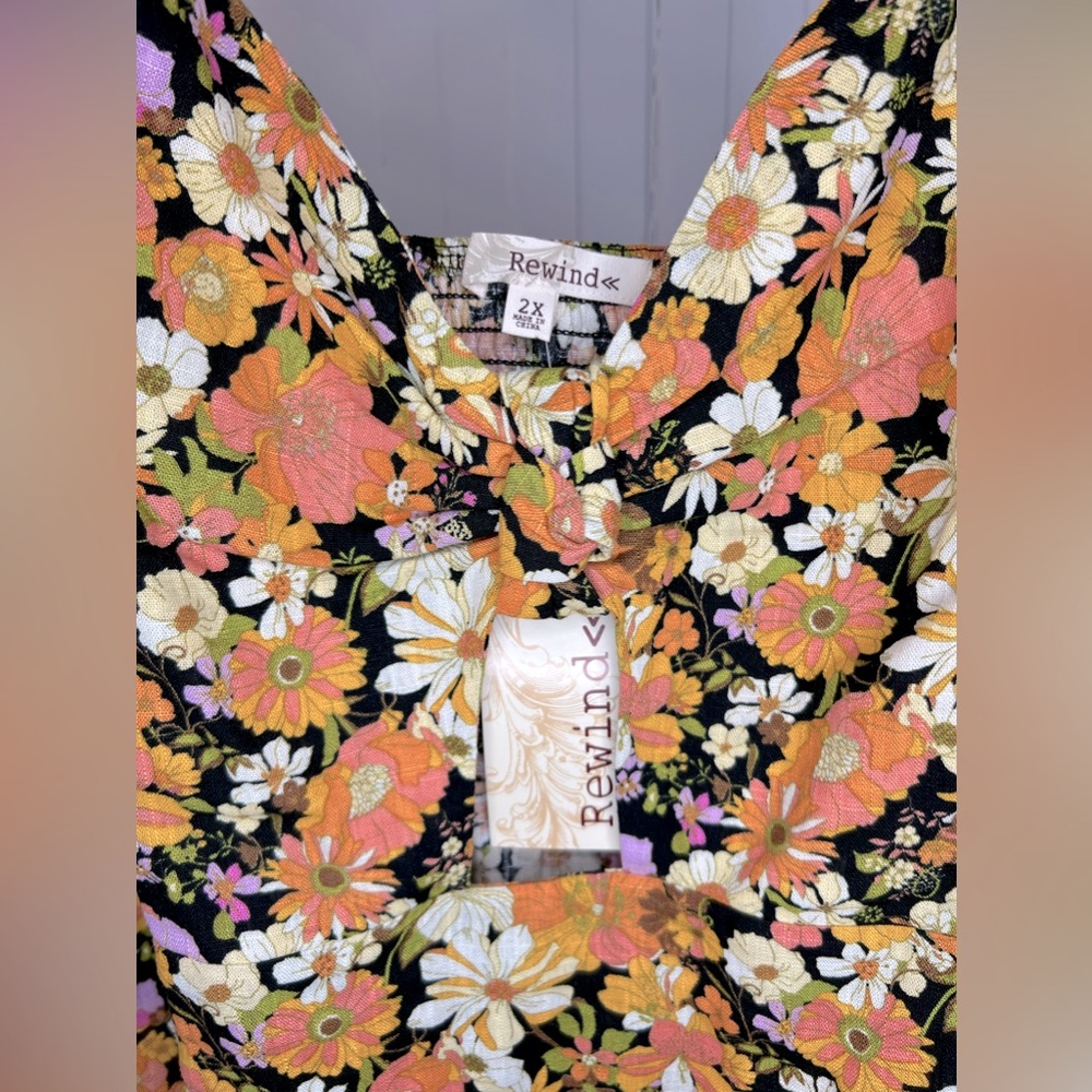Linen Blend Cutout Floral Tie Front Skater Mini Dress